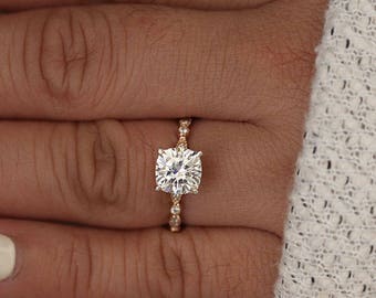 7mm Cushion Moissanite Forever Engagement Ring, 14k Rose Gold Moissanite and Diamond Ring, Moissanite, Handmade