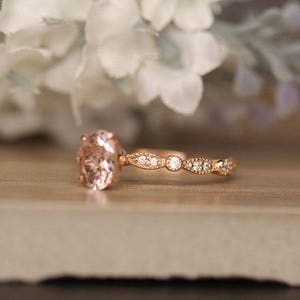 Pink Morganite Oval Rose Gold Engagement Ring, Diamond Milgrain Band, Oval 7x5mm Morganite Ring, Promise Ring, Claw Set Ring, Diamond Band image 4