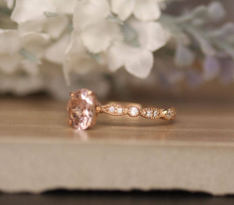 Pink Morganite Oval Rose Gold Engagement Ring, Diamond Milgrain Band, Oval 7x5mm Morganite Ring, Promise Ring, Claw Set Ring, Diamond Band image 4