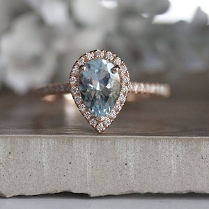 Pear 9x6mm Natural Aquamarine Engagement Ring, 14k Rose Gold Aquamarine and Diamond Halo Ring, Bridal Ring, Rose Gold Wedding Ring, Promise