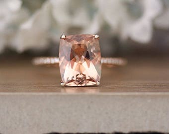 Peach Pink Morganite Engagement Ring, Cushion 11x9mm Morganite and Diamond Half Eternity Ring, Rose Gold Morganite ring, Diamond Band