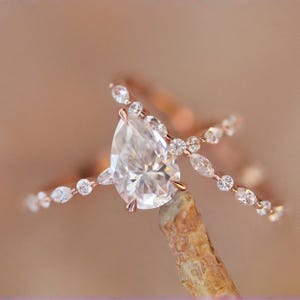 Pear Moissanite Engagement Ring Set: Rose Gold Vintage Marquise Bridal Set