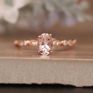 Pink Morganite Oval Rose Gold Engagement Ring, Diamond Milgrain Band, Oval 7x5mm Morganite Ring, Promise Ring, Claw Set Ring, Diamond Band image 2