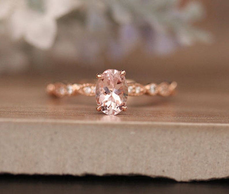 Pink Morganite Oval Rose Gold Engagement Ring, Diamond Milgrain Band, Oval 7x5mm Morganite Ring, Promise Ring, Claw Set Ring, Diamond Band image 2