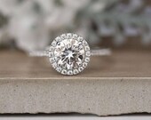 7mm Round Moissanite Engagement Ring, Forever Exotic Moissanite White Gold Ring, Diamond Halo Ring, Half Eternity Diamond Band