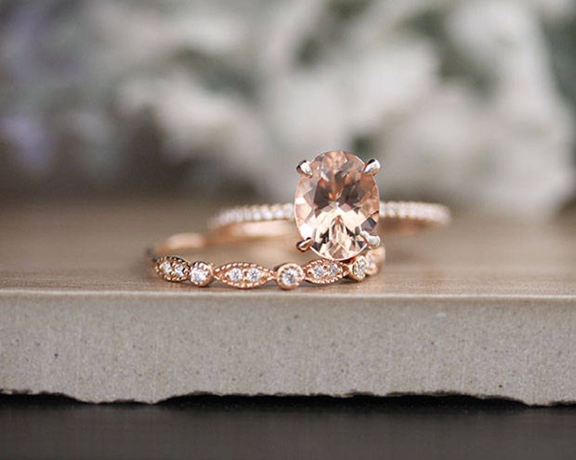 Affordable Wedding Ring Set With 9x7mm Oval Morganite and - Etsy