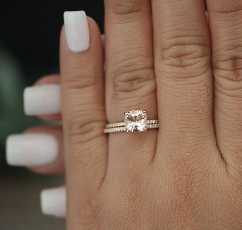 Wedding Ring Set with 7mm Cushion and Diamonds in Etsy