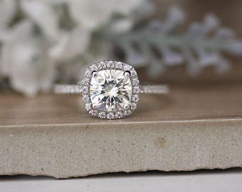 1.75Ct Cushion Wedding Ring, Engagement Ring, 7mm Cushion Moissanite D Color Bridal Ring, Diamond Halo Ring, Diamond Band, White Gold Ring