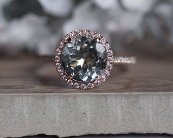 Round 9mm Natural Aquamarine Engagement Ring, 14k Rose Gold Aquamarine and Diamond Halo Ring, Bridal Ring, Rose Gold Wedding Ring, Promise