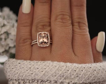 Rose Gold Morganite Ring, Cushion 11x9mm Morganite Engagement Ring, Diamond Band, Bridal Ring Set, 10k Rose Gold Morganite Ring