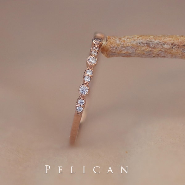 Diamond Wedding Band: 14k Rose Gold Milgrain Half Eternity Ring