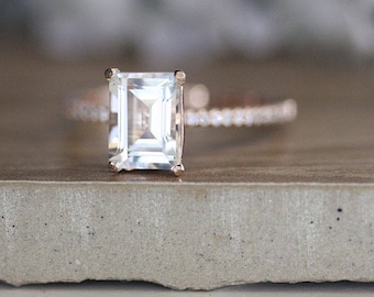 Emerald Cut White Topaz Engagement Ring, Rose Gold Topaz Engagement Ring, Diamond Half Eternity Band, Wedding Ring, 8x6mm White Topaz