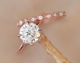 Round 2ct Hidden Halo Moissanite Engagement Ring Set: Rose Gold Wedding Band
