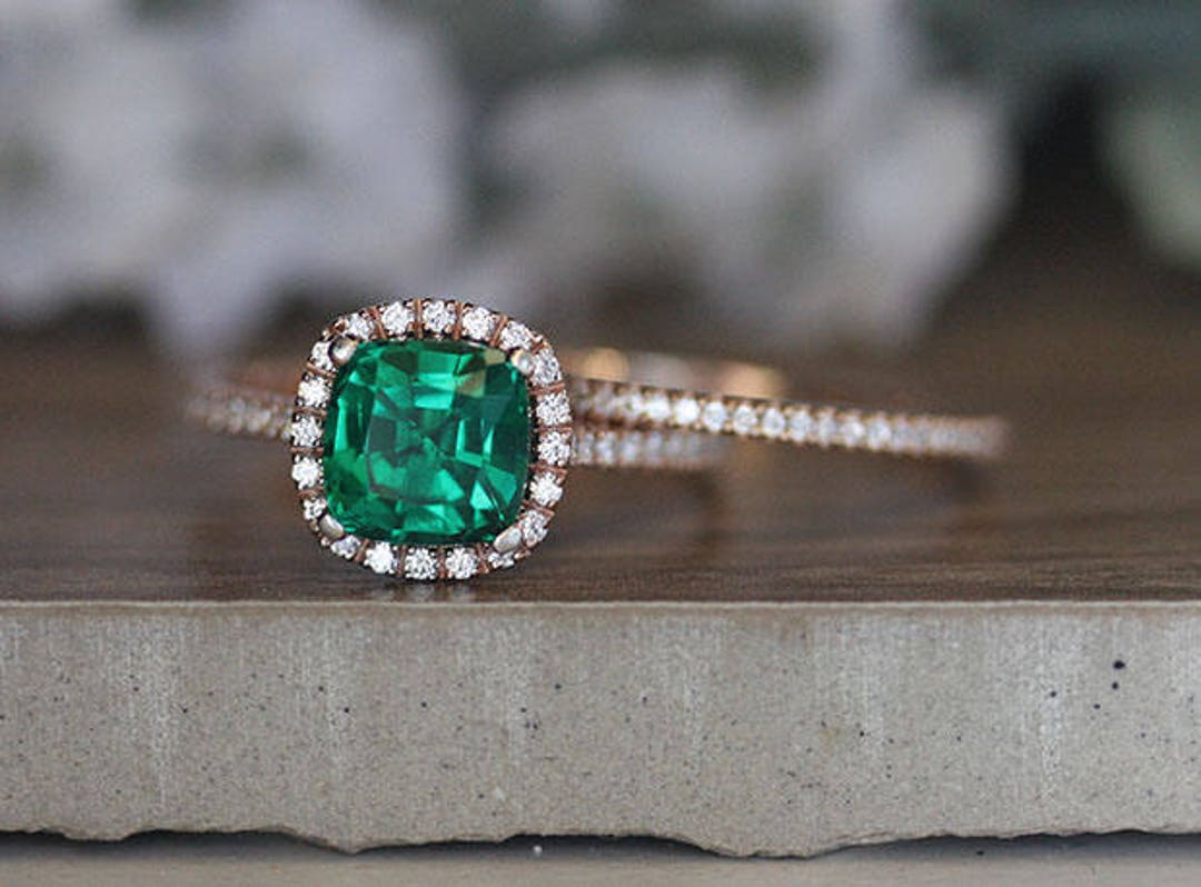 Rose Gold Emerald Ring Cushion 8mm Lab Created Emerald - Etsy