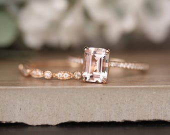 8x6mm Emerald Cut Rose Gold Morganite Engagement Ring and Milgrain Diamond Wedding Band 14k Rose Gold Bridal Ring Set, Ring, Handmade Ring