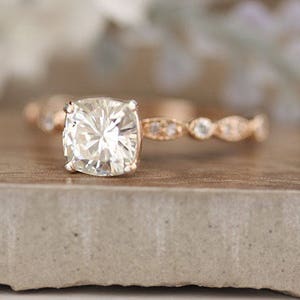 6.5mm Cushion Moissanite Classic Engagement Ring, 14k Rose Gold Moissanite and Diamond Ring, Handmade