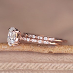 Moissanite Rose Gold Wedding Ring Set: Oval Solitaire, Diamond Milgrain Band