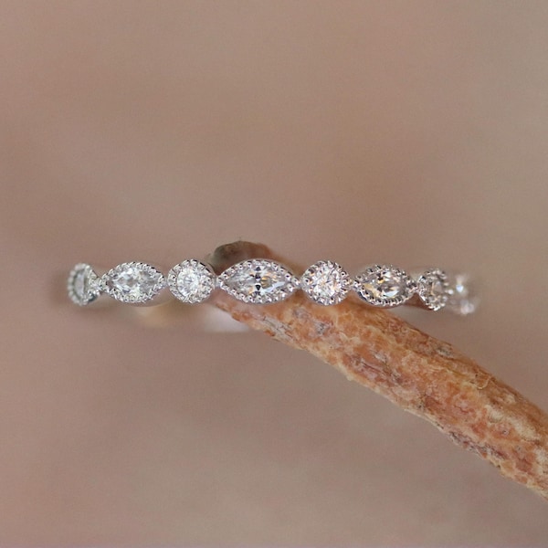 Moissanite Wedding Band: 14k White Gold Milgrain Half Eternity Band