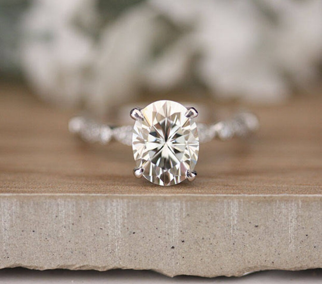 Moissanite Oval Classic Engagement Ring Oval 9x7mm Moissanite and Diamond Solitaire Wedding Ring White Gold Moissanite Ring Etsy