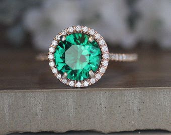 Round 9mm Lab Created Emerald Engagement Ring, Rose Gold Emerald and Diamond Wedding Ring, Diamond Halo Rose Gold Ring, Bridal Ring