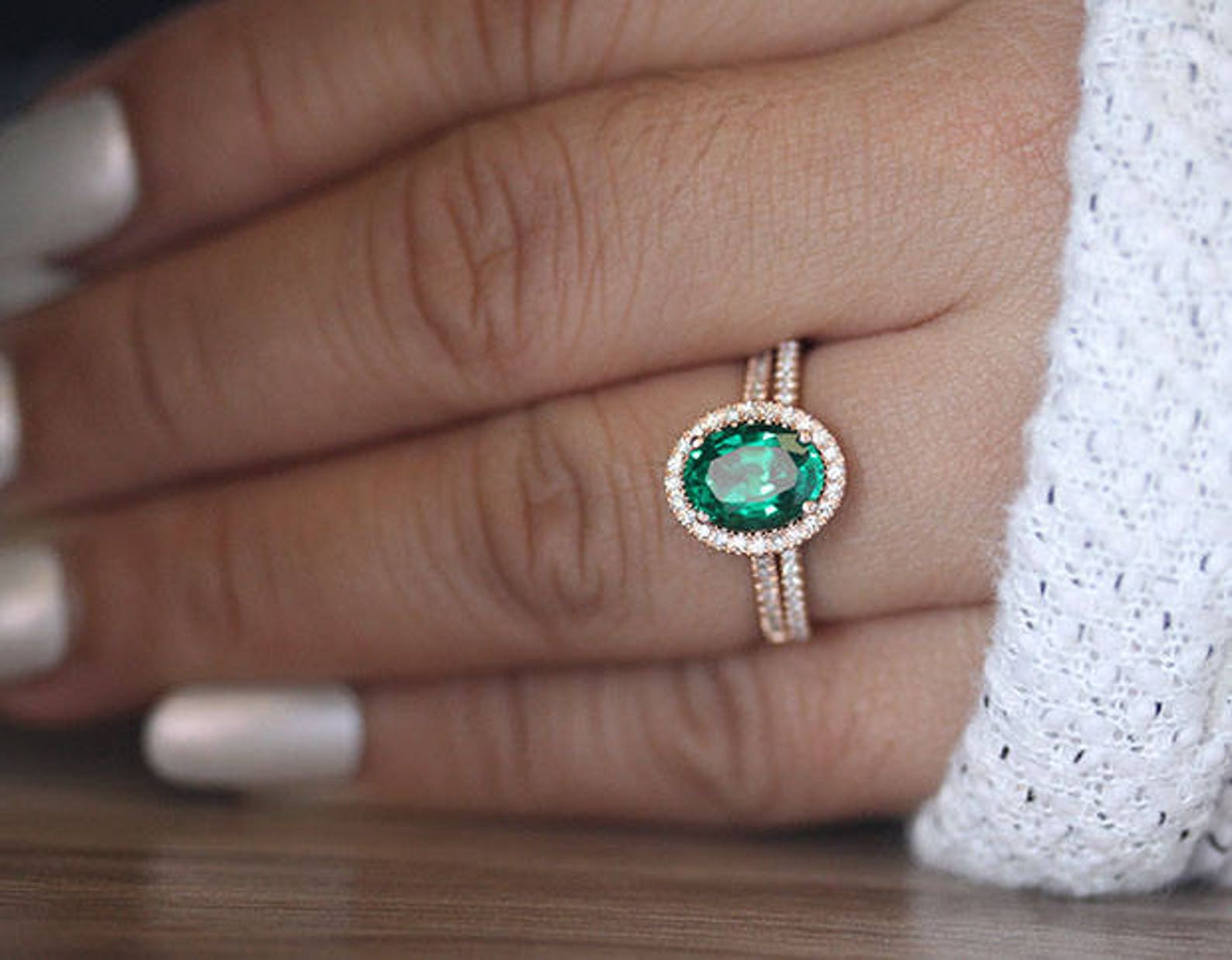 Lab Created Emerald Oval 9x7mm Engagement Ring and Diamond Etsy