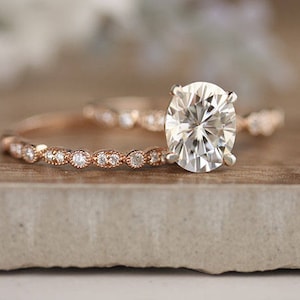 Wedding Ring Set, Moissanite Rose Gold Engagement Ring, Oval 9x7mm Moissanite Ring, Diamond Milgrain Band, Solitaire Ring, Promise Ring