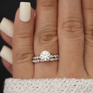 Bridal Ring Set, Moissanite White Gold Engagement Ring, Round 1.00carat Moissanite Ring, Diamond Milgrain Band, Solitaire Ring, Promise Ring