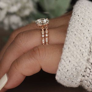 Wedding Ring Set, Moissanite Rose Gold Engagement Ring, Oval 10x8mm Moissanite Ring, Diamond Milgrain Band, Solitaire Ring, Promise Ring