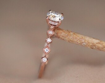 Art Deco Moissanite Engagement Ring: Rose Gold Bridal Wedding Ring