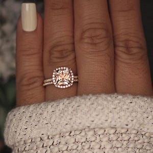 Rose Gold Morganite Ring, Cushion 8mm Morganite Engagement Ring, Diamond Band, Bridal Ring Set, 10k Rose Gold Morganite Ring, Promise Ring