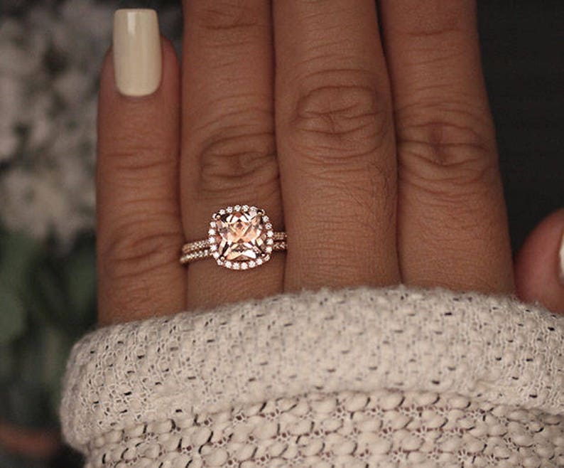 Rose Gold Morganite Ring, Cushion 8mm Morganite Engagement Ring, Rose Gold Morganite Ring, Cushion 8mm Morganite Engagement Ring,