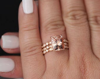 3pcs Morganite Rose Gold Engagement Ring, Bridal Ring Set, Diamond milgrain Band, 11x9mm Cushion Morganite 14k Rose Gold and Diamond Ring