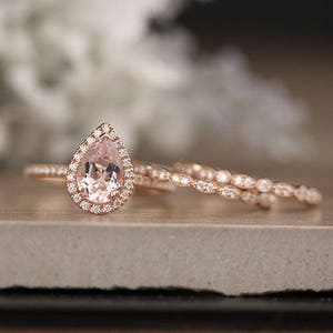 Affordable Wedding Ring Set With 9x7mm Oval Morganite and Diamonds in 10k  Rose Gold, Morganite Engagement Ring, Milgrain Diamond Band 