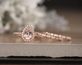 LOW COST 3pieces Morganite Pear Bridal Ring Set, Diamond Ring Set, Rose Gold Morganite Pear 9x6mm Engagement Ring and Diamond Milgrain Band