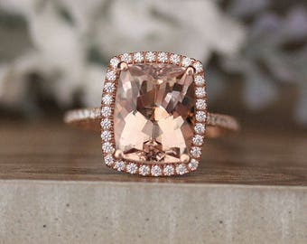 11x9mm Cushon Morganite Engagement Ring,Rose Gold Morganite Ring,14k Gold Ring, Diamond Band, Diamond Halo Ring, Bridal Ring, Wedding Band