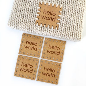 5 Hello World Ultrasuede Patches // Hat Patches for Knitting and Crochet Projects // Tags Beanies and Hats