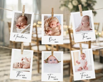 First Birthday Photo Banner Template, Editable 1st Birthday Monthly Milestone Cards, Printable Modern Photo garland, Instant Download, f67y