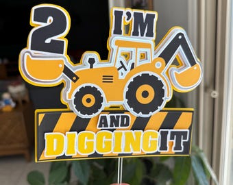 Construction Truck 2ND Birthday Cake Topper, I'm 2 and Digging It, Dump Truck Theme Party Kids, Custom age topper, d70t
