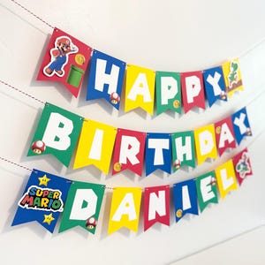 Super Mario happy birthday banner, Mario bros birthday, kids party decorations, video game party banners, custom bannners