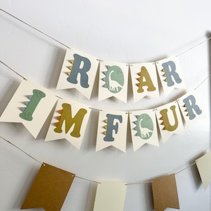 Roar I'm Four Birthday banner, kids dinosaur party decorations, fourth birthday, jungle theme, d51p