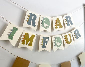 Roar I'm Four Birthday banner, kids dinosaur party decorations, fourth birthday, jungle theme, d51p