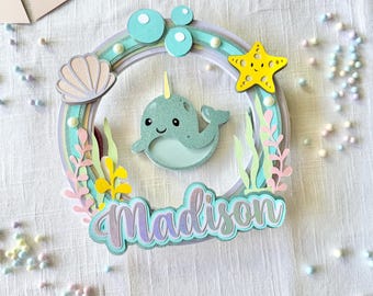 Narwhal cake topper, personalized ocean birthday decor, baby shower