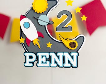 Spaceship Cake Topper, outer space birthday theme, kids personalized cake topper