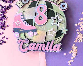 Rollerskating Birthday Cake Topper, Disco roller skate party decor, personalized retro cake topper