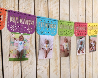 May include: A colorful paper banner with the words "3 months", "4 months", "5 months", "6 months", "7 months", and "8 months" printed on it.  Photos of a baby at different ages are hung below the banner.