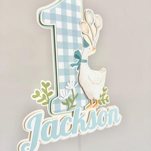 Pu&ograve; includere: Topper per torta a strati per un primo compleanno. Il numero uno &egrave; in motivo a quadri vichy azzurro chiaro, con un'oca bianca che indossa un cappello da festa e tiene in mano dei palloncini. Il nome "Jackson" &egrave; scritto in un carattere script in azzurro chiaro.
