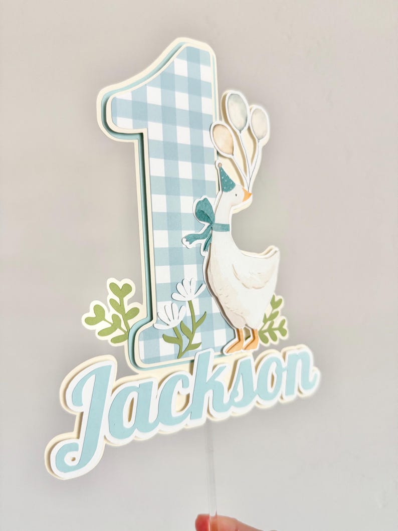 Pu&ograve; includere: Topper per torta a strati per un primo compleanno. Il numero uno &egrave; in motivo a quadri vichy azzurro chiaro, con un'oca bianca che indossa un cappello da festa e tiene in mano dei palloncini. Il nome "Jackson" &egrave; scritto in un carattere script in azzurro chiaro.