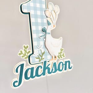 Pu&ograve; includere: Decorazione per torta con il numero uno a quadretti blu e bianchi, con un'oca dei cartoni animati che tiene in mano dei palloncini. Il nome "Jackson" &egrave; scritto in corsivo verde acqua. Il design include foglie verdi e fiori bianchi.
