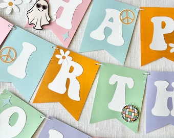 Groovy ghost birthday banner, hippie halloween, kids party decorations