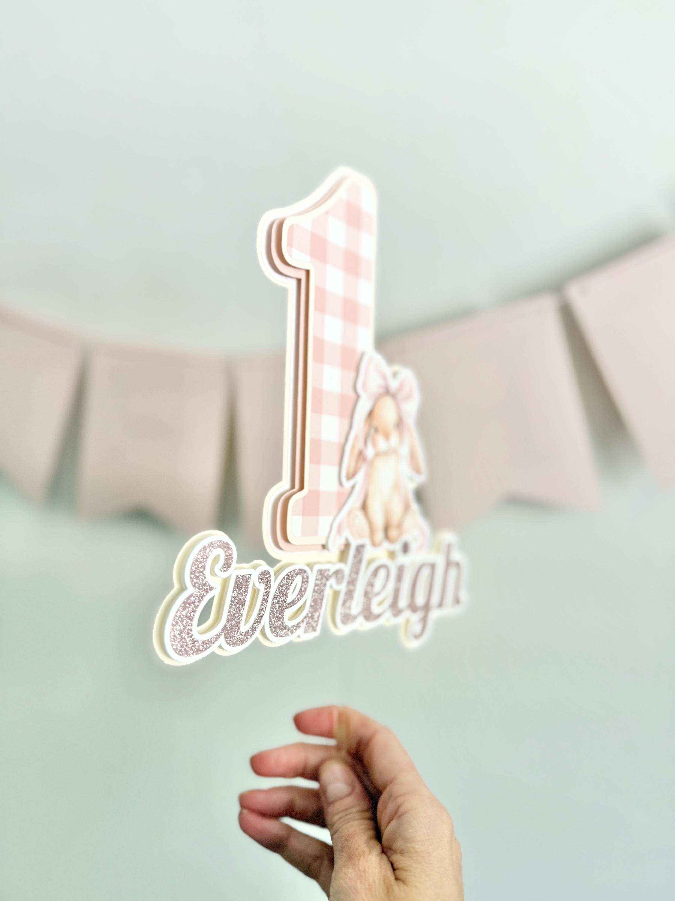 Bunny Cake Topper, Pink Gingham 1st Birthday Decorations, Baby Girl ...